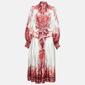 Pre Owned Zimmermann Pink Printed Silk Wavelength Placement Midi Dress L