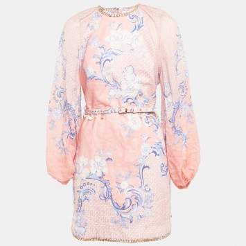 Pre Owned Zimmermann Pink Swirl Floral Print Linen Shell Detail Postcard Mini Dress L