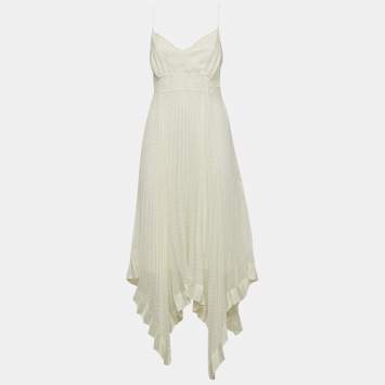 Pre Owned Zimmermann Ivory White Lace-Trim Chiffon Pleated Espionage Midi Dress L