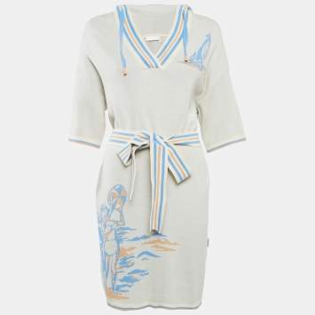 Pre Owned Zimmermann Off-White Patterned Cotton Knit Hooded Mini Dress L