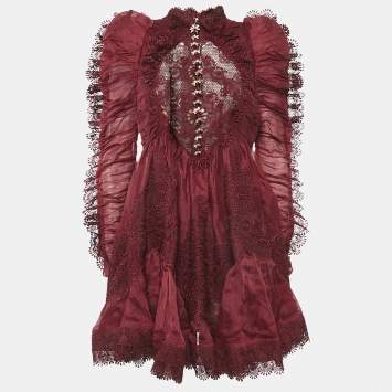 Pre Owned Zimmermann Burgundy Linen and Silk Lace Trimmed Mini Dress M