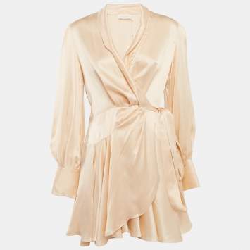 مملوكة مسبقًا Zimmermann Beige Silk Satin Blouson Sleeve Asymmetric Mini Wrap Dress S