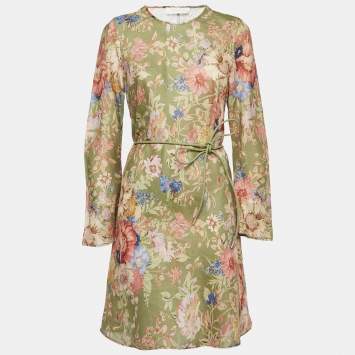 Pre Owned Zimmermann Green Floral Print Linen August Bias Mini Dress L