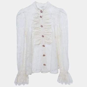 Zimmermann Cream Lace Ruffled Sheer Blouse M
