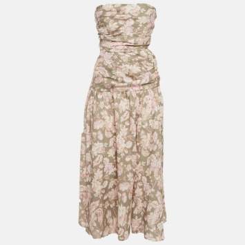 Pre Owned Zimmermann Green Printed Linen Lyre Wrap Tie Side Midi Dress L
