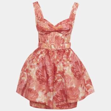 Pre Owned Zimmermann Pink Floral Printed Linen & Silk Belted Mini Dress XS