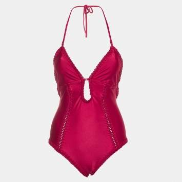 مملوكة مسبقًا Zimmermann Burgundy Jersey Crochet Trim Lyre Keyhole Swimsuit M
