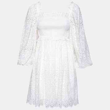 مملوكة مسبقًا Zimmermann White Cotton Castile Shirred Flared Dress XS