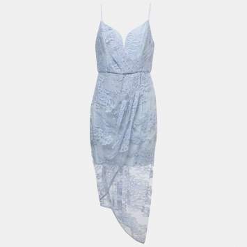 Pre Owned Zimmermann Blue Floral Lace Draped Plunge Midi Dress L