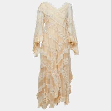Pre Owned Zimmermann Cream Organza Lace Trimmed Ruffle Detailed Charm Star Gown L