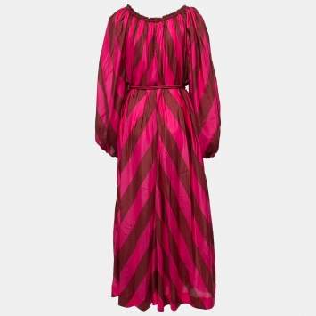 Pre Owned Zimmermann Pink Striped Silk Belted Maxi Beach Dress L