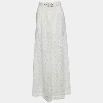 Pre Owned Zimmermann White Lace Wide Leg belted Donna Trousers XS