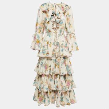 Pre Owned Zimmermann Cream Floral Printed Cotton Tiered Midi Dress M