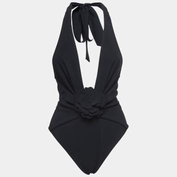 Pre Owned Zimmermann Black Stretch Knit Lovestruck Applique Halter Neck Swimsuit M