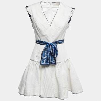 Pre Owned Zimmermann White Texture Cotton Flared Mini Dress M
