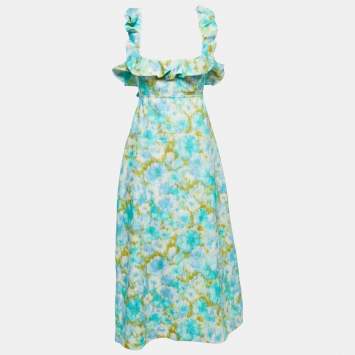Pre Owned Zimmermann Green Printed Linen High Tide Frilled Midi Dress L
