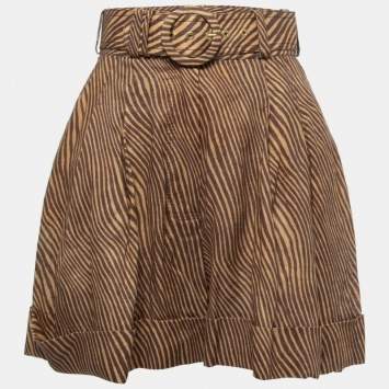 Pre Owned Zimmermann Brown Animal Printed Linen Belted High Waist Cuffed Shorts S