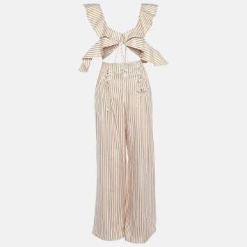 Pre Owned Zimmermann Light Pink Striped Painted Heart Linen Flutter Crop Top & Wide Leg Pants M