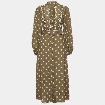 Pre Owned Zimmermann Green Polka Dot Silk-Blend Belted Midi Dress S