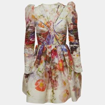 Pre Owned Zimmermann Multicolor Floral Print Linen-Blend Mini Dress S
