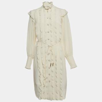 Pre Owned Zimmermann Ivory White Silk Pleated Frill Midi Dress S