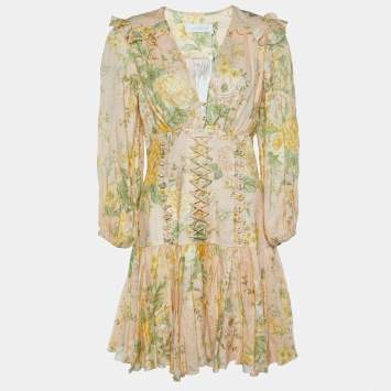 Pre Owned Zimmermann Beige Floral Printed Linen Corset Mini Dress M
