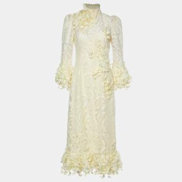 Pre Owned Zimmermann Yellow Embellished Floral Lace Midi Dress S