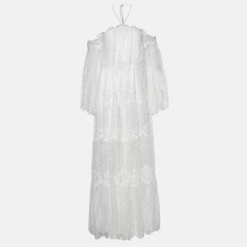 Pre Owned Zimmermann White Dotted Silk Lace Paneled Maxi Dress XS  