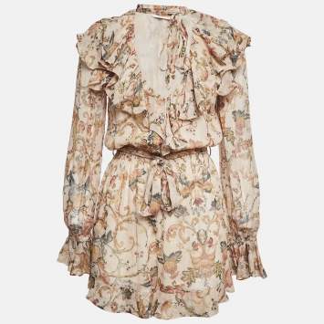 Pre Owned Zimmermann Beige Painted Heart Cascade Silk Playsuit M