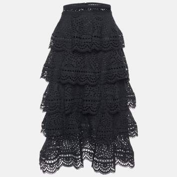 Pre Owned Zimmermann Black Lace Tiered Midi Skirt S