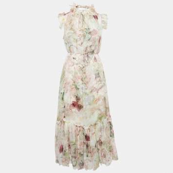 Pre Owned Zimmermann Pink Floral Print Georgette Dancer Flutter Midi Dress S