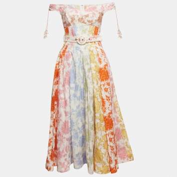 Pre Owned Zimmermann Multicolor Postcard Spliced Linen Midi Dress S