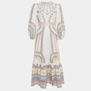 Pre Owned Zimmermann White Peggy Embroidered Cotton Blend Midi Dress M