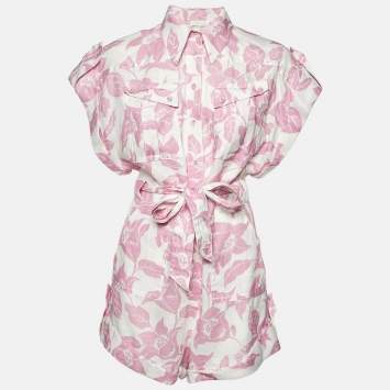 Pre Owned Zimmermann Pink Floral Print Linen Bells Cuffed Playsuit M