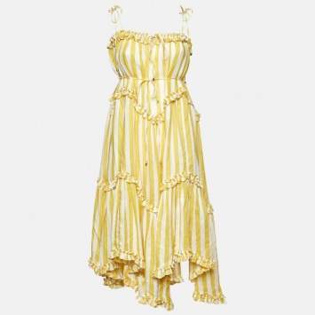 Pre Owned Zimmermann Yellow Stripe Print Linen Flared Midi Dress XS