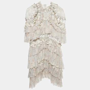 مملوكة مسبقًا Zimmermann Grey Chiffon Cut-Out Applique Tiered Mini Dress M