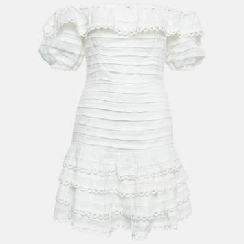 مملوكة مسبقًا Zimmermann White Linen Ruffled Mini Dress S