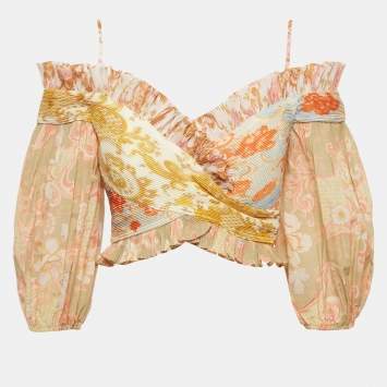 Pre Owned Zimmermann Yellow Postcard Print Plisse Crop Top M