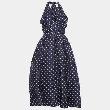 Pre Owned Zimmermann Blue Polka Dots Linen Blend Halter Neck High Tide Midi Dress M