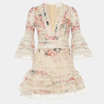 مملوكة مسبقًا Zimmermann Beige Printed Cotton Lace Trimmed V-Neck Mini Dress S