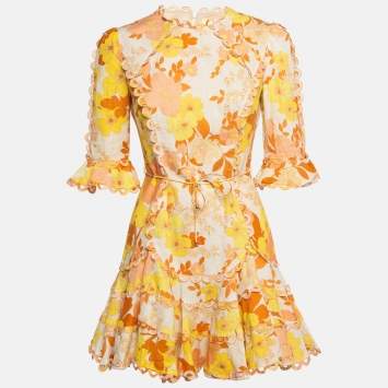Pre Owned Zimmermann Light Beige Printed Linen & Cotton Scallop Detail Mini Dress S