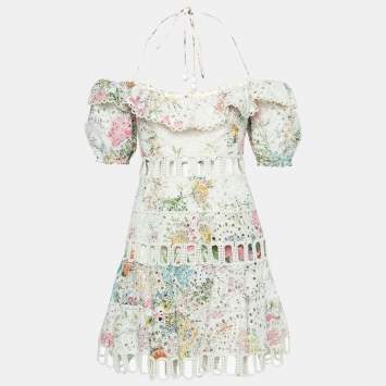 Pre Owned Zimmermann Off-White Floral Print Eyelet Embroidered Off-Shoulder Mini Dress S