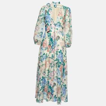 Pre Owned Zimmermann Multicolor Floral Print Linen Plunge Neck Maxi Dress M