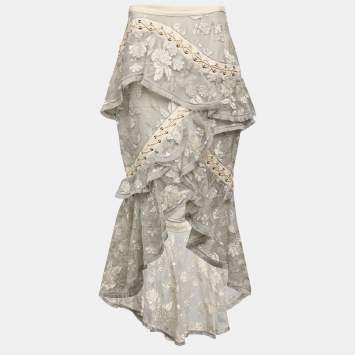 Pre Owned Zimmermann Grey Floral Embroidered Silk Maxi Skirt M