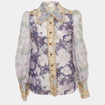 Pre Owned Zimmermann Purple Celestial Floral Print Linen Blend Blouse S