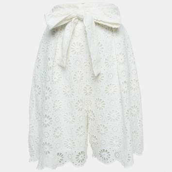 Pre Owned Zimmermann White Floral Lace Cotton Shorts M