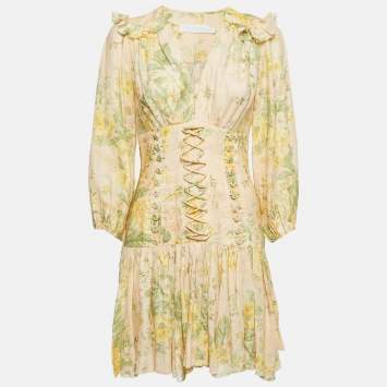 Pre Owned Zimmermann Light Orange Floral Print Linen Corset Mini Dress S