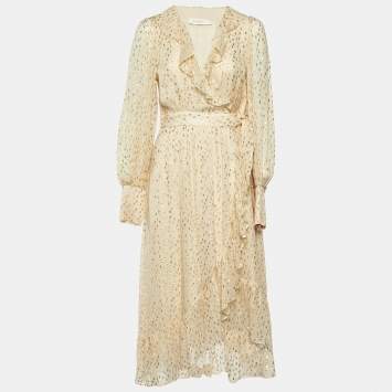 Pre Owned Zimmermann Cream Lurex Fil Coupé Silk Midi Wrap Dress M