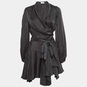 Pre Owned Zimmermann Black Satin Silk Flared Mini Wrap Dress M