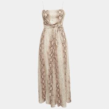 Pre Owned Zimmermann Pink Python Print Linen Bellitude Knotted Cutout Midi Dress M